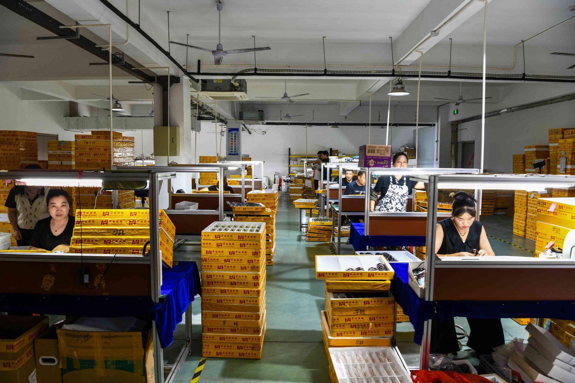 Arbeiter an der Montagelinie setzen Fassungen aus Metall und Acetat in der HAO-Eyewear-Fabrik in Danyang zusammen